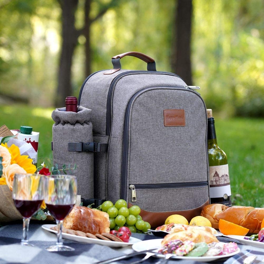 Family Picnic Backpack for 4 - Complete Picnic Bag for 4 with Folding Table, Insulated Cooler Compartment, Wine Holder, Waterproof Picnic Blanket and