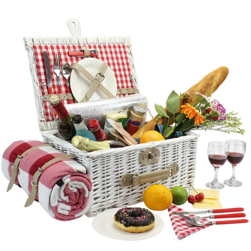 Picnic Basket with Table, Wine Picnic Basket Set 4, Wicker Picnic Basket  for 4, Willow Hamper Service Gift Set with Blanket & Portable Wine Snack